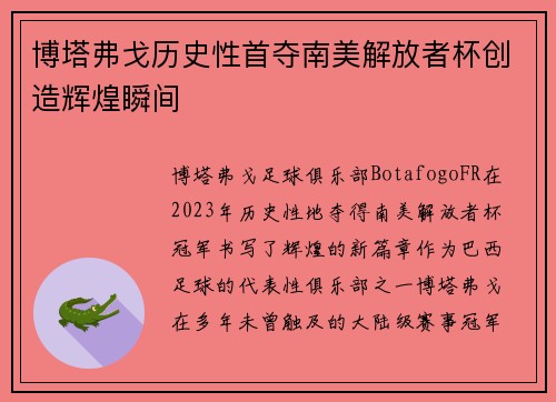 博塔弗戈历史性首夺南美解放者杯创造辉煌瞬间