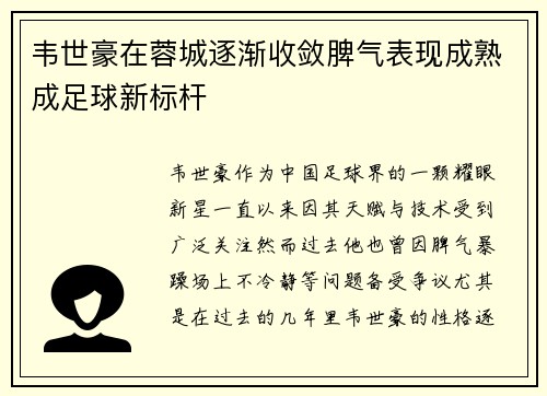 韦世豪在蓉城逐渐收敛脾气表现成熟成足球新标杆