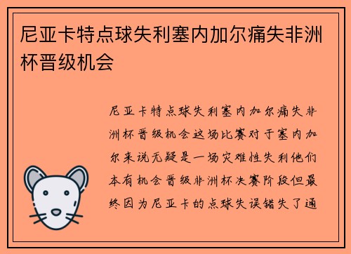 尼亚卡特点球失利塞内加尔痛失非洲杯晋级机会