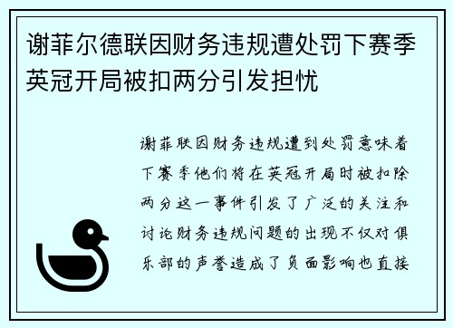 谢菲尔德联因财务违规遭处罚下赛季英冠开局被扣两分引发担忧 谢菲尔德联因财务违规遭处罚下赛季英冠开局被扣两分引发担忧